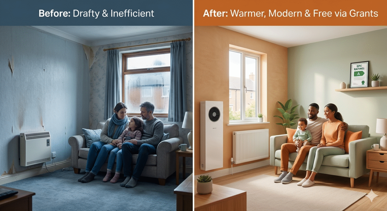 A split-screen image showing a living room "Before" (left) and "After" (right) energy efficiency upgrades. On the left, a family in warm clothes sits in a cold, damp room with peeling wallpaper and an old heater. On the right, the same room is bright and modern with a new radiator, heat pump, and an EPC 'A' rating certificate.