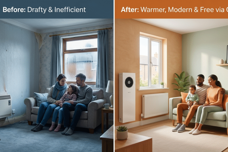 A split-screen image showing a living room "Before" (left) and "After" (right) energy efficiency upgrades. On the left, a family in warm clothes sits in a cold, damp room with peeling wallpaper and an old heater. On the right, the same room is bright and modern with a new radiator, heat pump, and an EPC 'A' rating certificate.